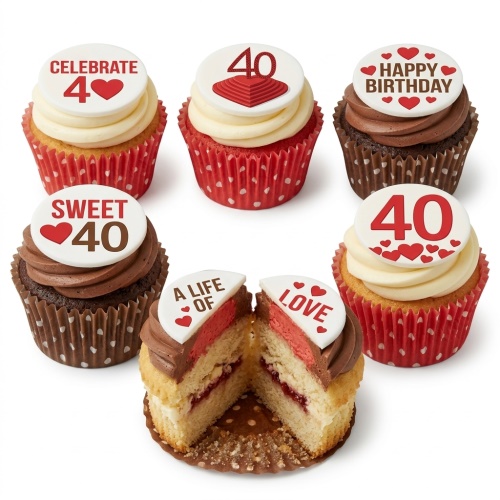 Six cupcakes with white and chocolate frosting, topped with white fondant discs featuring red hearts and custom age/message examples like '40', 'CELEBRATE', 'HAPPY BIRTHDAY', 'SWEET', 'A LIFE OF LOVE'.