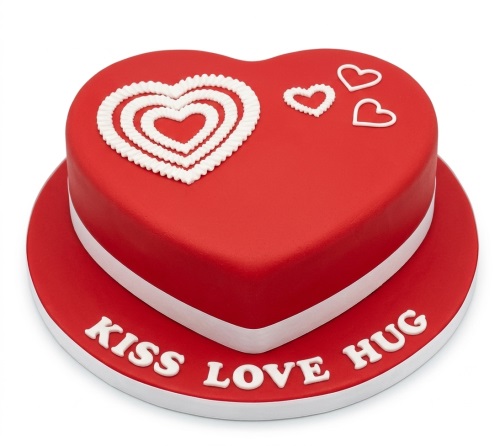Red heart-shaped cake with white piped hearts and a custom message on the board.