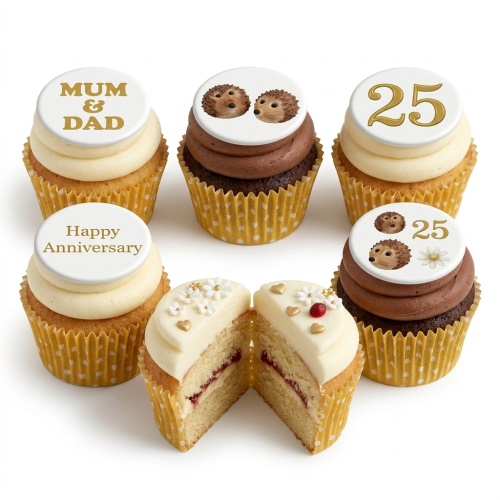 Anniversary cupcakes with hedgehog and floral toppers, featuring custom messages and age.