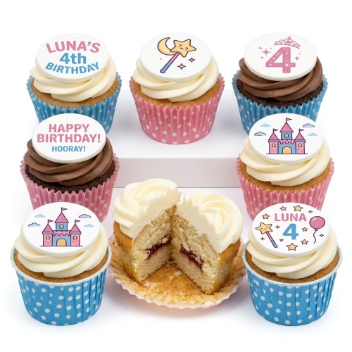 A selection of princess and magic themed birthday cupcakes with castle, wand, crown, and balloon toppers in pink and blue polka dot cases.