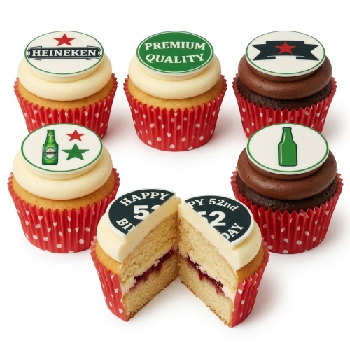 Heineken themed cupcakes with green and white toppers, some with a custom age and beer bottle designs.