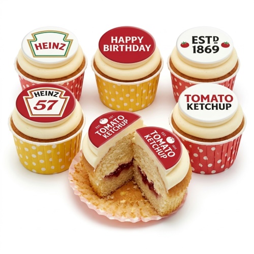Vanilla cupcakes with cream frosting and edible Heinz Tomato Ketchup themed toppers, including a "Happy Birthday" message.