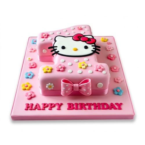 Pink number one shaped Hello Kitty 1st birthday cake with flowers and polka dots.