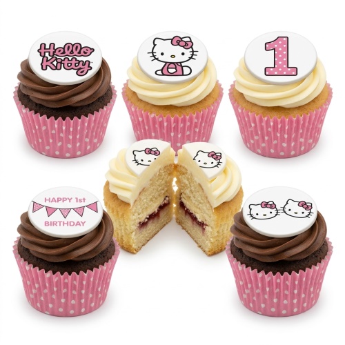 Hello Kitty themed birthday cupcakes with chocolate and vanilla frosting in pink wrappers.