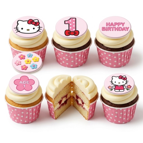 Hello Kitty themed birthday cupcakes with pink wrappers, white frosting, and character toppers.