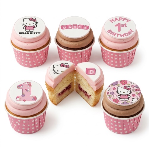 Hello Kitty themed cupcakes with pink frosting, polka dot wrappers, and custom age and name toppers.