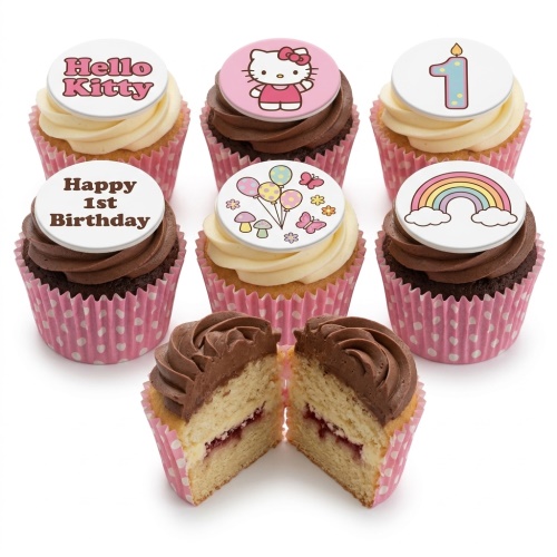 Hello Kitty 1st Birthday cupcakes with rainbow, balloons, and "Happy 1st Birthday" toppers