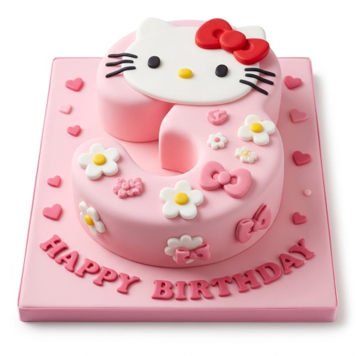 Pink number nine cake with Hello Kitty face, white and pink flowers, bows, and 'Happy Birthday' message.