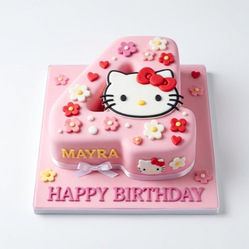 Pink number shaped cake decorated with Hello Kitty, flowers, and hearts, with a personalised name and 'Happy Birthday' message.