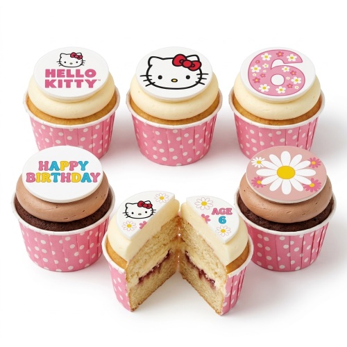 Hello Kitty themed birthday cupcakes with 'Happy Birthday' and custom age toppers, in pink polka dot wrappers.