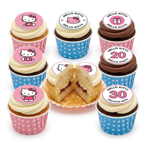 Hello Kitty cupcakes with pink and blue polka dot wrappers, featuring Hello Kitty character and custom age toppers.