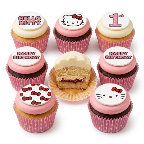 Hello Kitty themed cupcakes with pink and white frosting, featuring Hello Kitty face, logo, bows, and 'Happy Birthday' toppers.