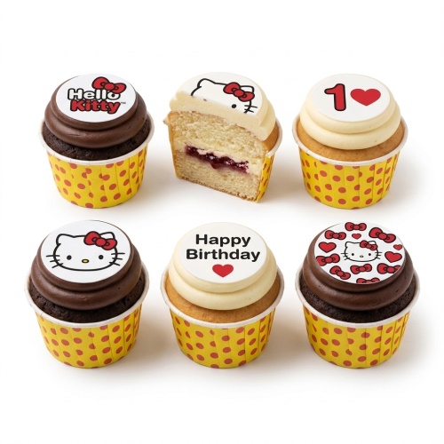 Set of Hello Kitty themed cupcakes with chocolate and vanilla frosting, featuring Hello Kitty face, bows, 'Hello Kitty' text, 'Happy Birthday' message, and a custom age '1' topper.