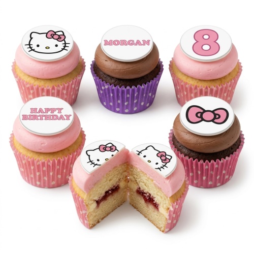 Hello Kitty themed cupcakes with pink and chocolate frosting, some with Hello Kitty face toppers, a pink bow topper, and custom age and name toppers.