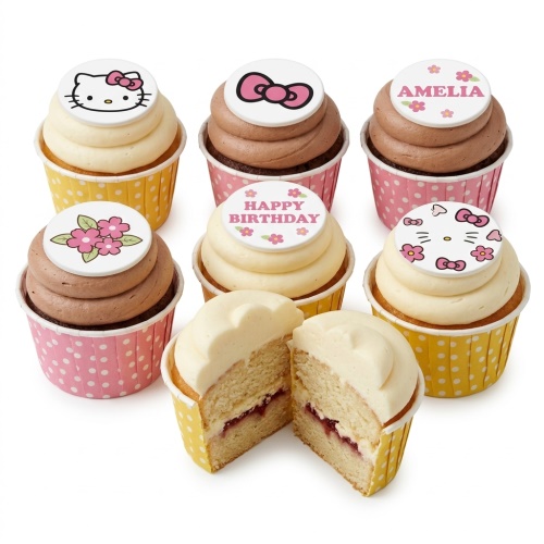 Hello Kitty themed birthday cupcakes with pink bows, flowers, and custom messages