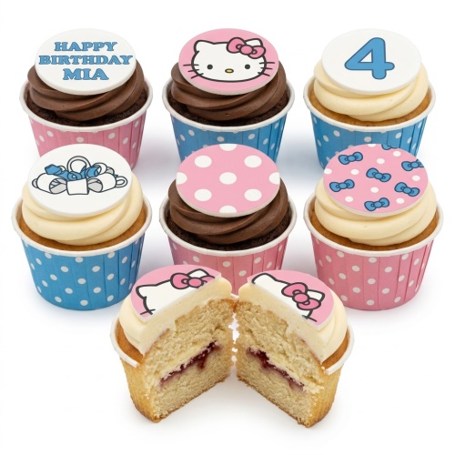Hello Kitty themed cupcakes with pink and blue polka dot wrappers, featuring custom age and personalised message toppers.