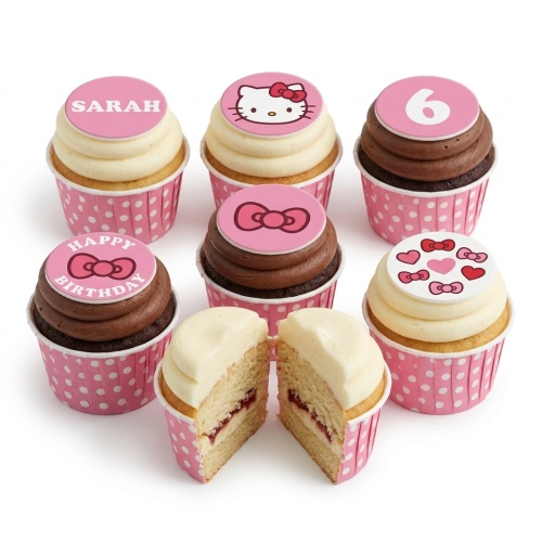 Hello Kitty themed cupcakes with pink bows, hearts, and customisable toppers for birthdays.