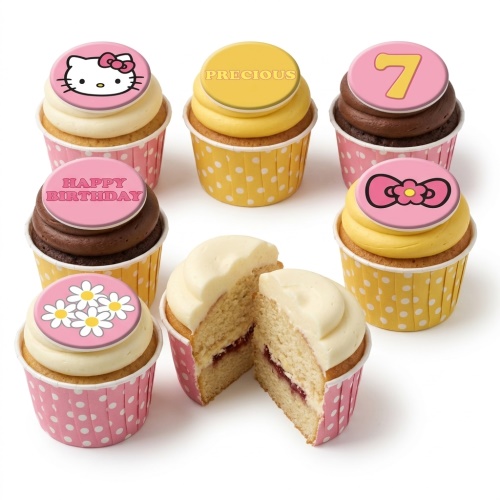 Hello Kitty themed cupcakes with pink and yellow frosting, some with custom age and message toppers.