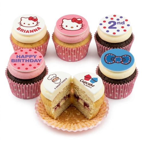 Hello Kitty birthday cupcakes with custom name and age toppers for kids.