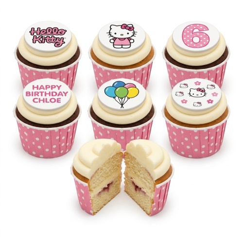 Hello Kitty themed cupcakes with custom age and personalised message toppers in pink polka dot cases.