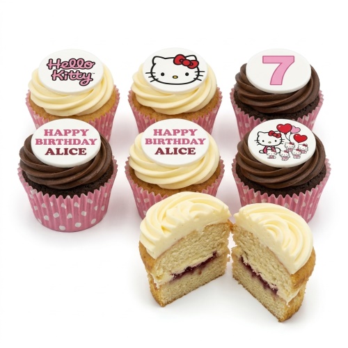 Hello Kitty themed birthday cupcakes with custom age topper and personalised message.