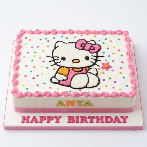 Rectangular Hello Kitty birthday cake with pink piping, star sprinkles, and custom age topper.