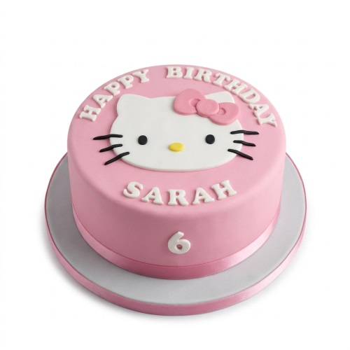 Pink Hello Kitty birthday cake with character face, 'Happy Birthday' text, and customisable name and age.