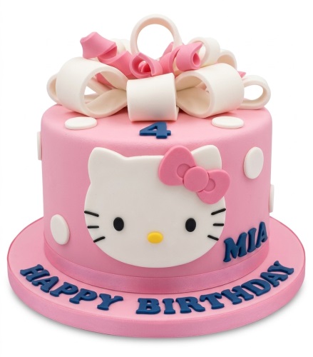 Pink Hello Kitty birthday cake with white and pink bows, polka dots, and custom age topper.