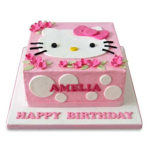 Pink Hello Kitty birthday cake with a bow, flowers, and polka dots, personalised with a custom name.
