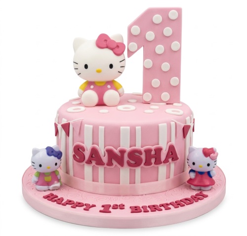 Pink Hello Kitty 1st birthday cake with number one topper and personalised name.