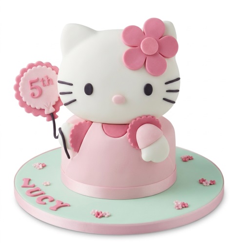 Two-tier Hello Kitty birthday cake in pink and white with a custom age balloon topper and personalised name on the board.