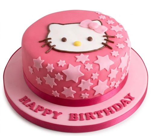Pink round Hello Kitty birthday cake with stars and a 'Happy Birthday' message.