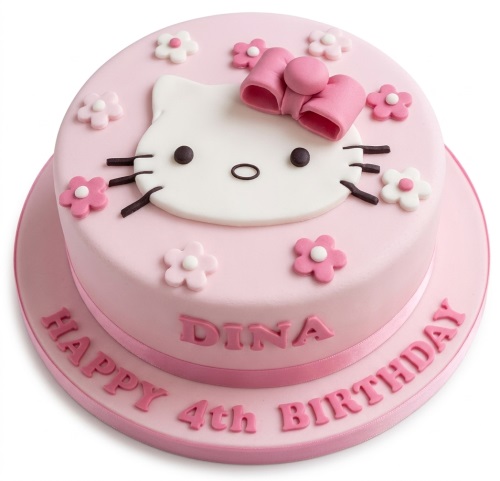 Two-tier pink Hello Kitty birthday cake with a pink bow, white and pink flowers, and a custom message.