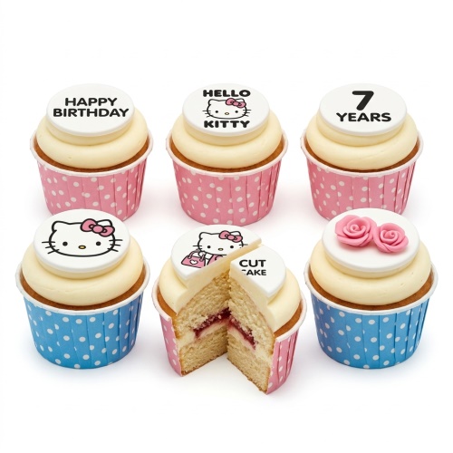 Hello Kitty themed cupcakes with pink and blue polka dot wrappers, featuring Hello Kitty toppers and pink roses.