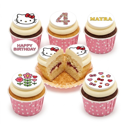 Hello Kitty themed birthday cupcakes with white frosting, pink wrappers, custom age and name toppers.