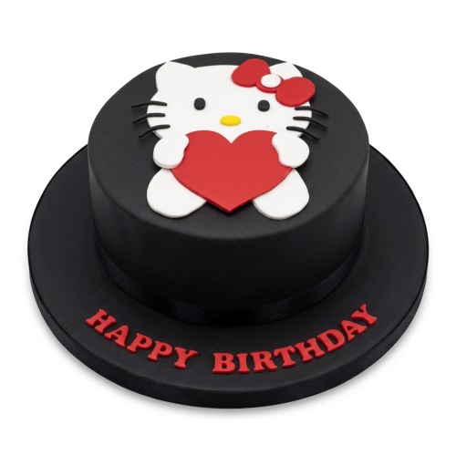 Round black birthday cake with white Hello Kitty holding a red heart and a red bow.