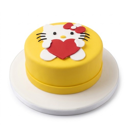 Round yellow fondant cake with a white Hello Kitty character holding a red heart and wearing a red bow.