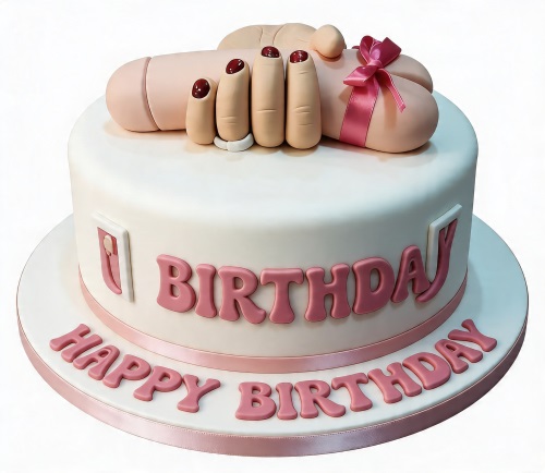 White round cake with a 3D fondant penis and female hand topper, pink "Happy Birthday" message.