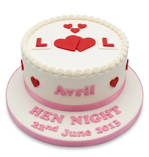 White hen night cake with red love hearts, pink ribbon, and customisable message