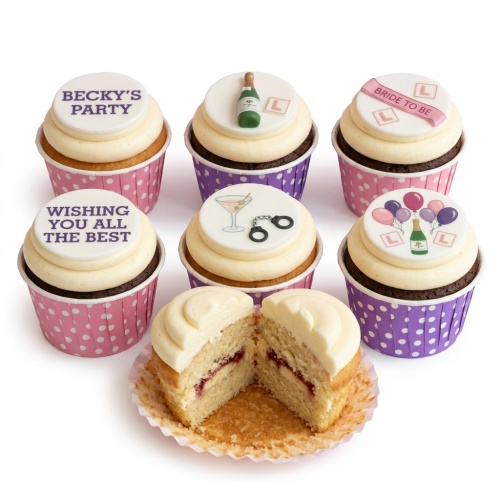 Six hen party themed cupcakes with champagne, martini, handcuffs, "L" plates, and custom messages.