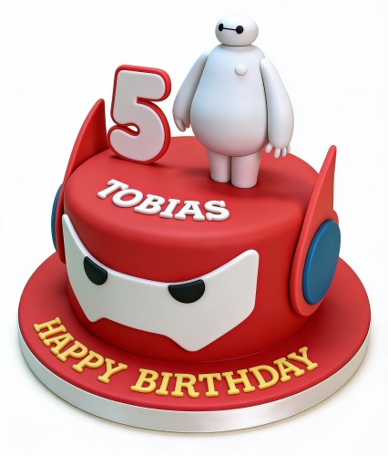 Red Baymax themed birthday cake with a Baymax figure topper and custom age number.