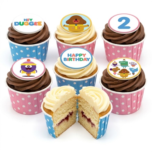 Hey Duggee themed birthday cupcakes with character toppers, "Happy Birthday" message, and custom age "2" topper.