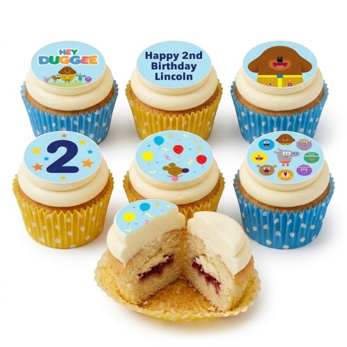 Hey Duggee themed cupcakes with character toppers, custom age '2' and personalised message example.