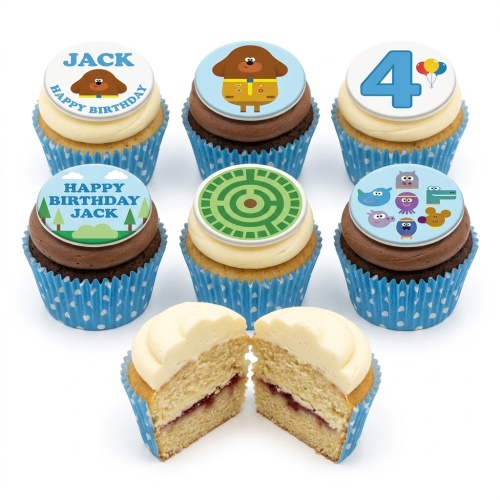 Hey Duggee themed cupcakes with character, maze, animal, and custom age 4 toppers.