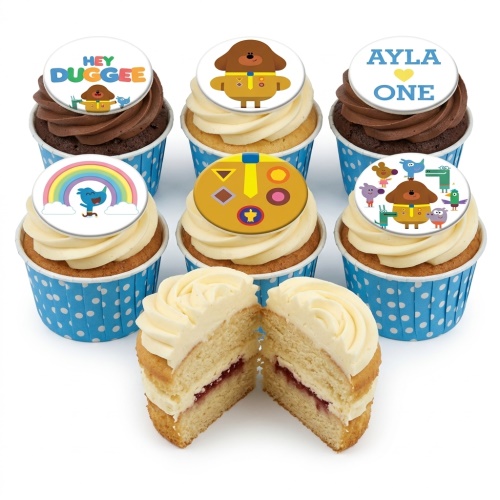 Hey Duggee themed cupcakes with character toppers, rainbow, and custom age example.