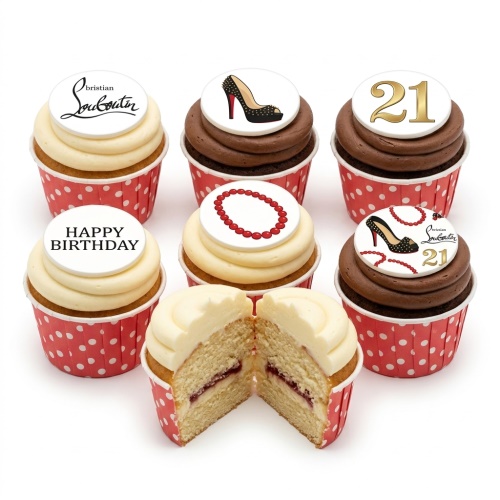 Six cupcakes with high heel shoes, pearl necklaces, Christian Louboutin style script, and a custom age topper.