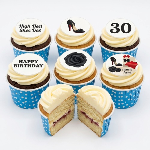 Set of high heel and black rose birthday cupcakes with custom age and name toppers.