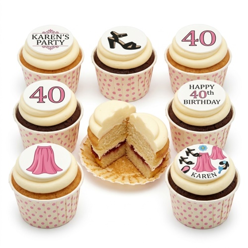 Cupcakes with high heel, skirt, and custom age toppers for a ladies birthday party.