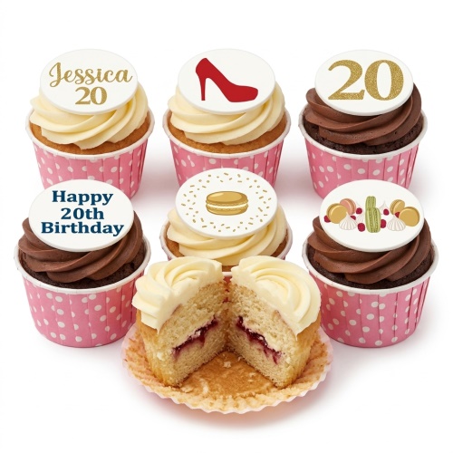 Assortment of high heel and macaron themed birthday cupcakes with custom age and personalised message toppers.