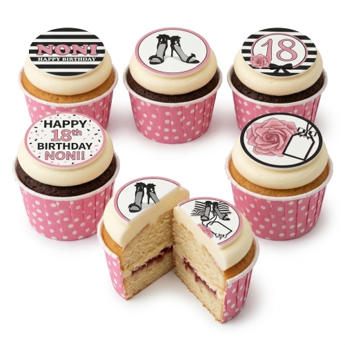 A selection of fashion-themed birthday cupcakes for her, featuring high heels, roses, and striped designs with custom age and message toppers.